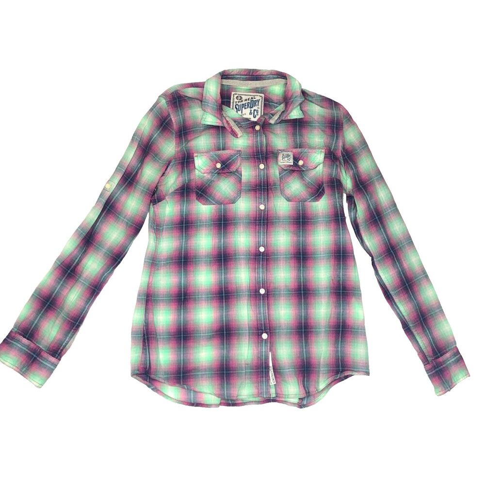 SUPERDRY Green Pink Long Sleeve Plaid Cotton Button Up Shirt Womens Size Small